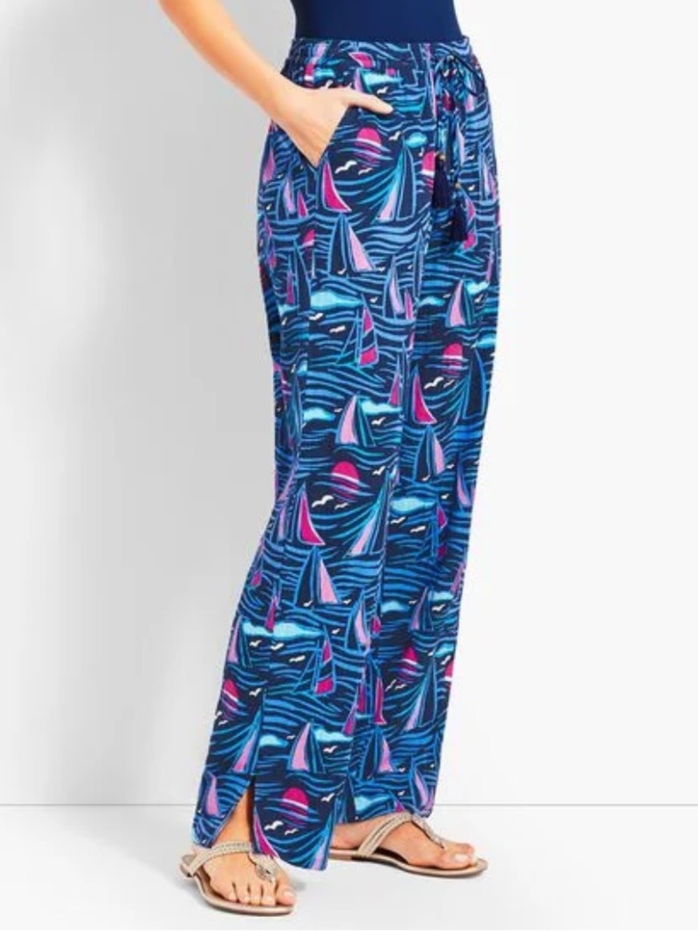 Talbots Beach Pant‎ Crinkle Cotton Sailing Boat Coastal Resortwear Womens Medium